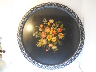 Rare Antique Hand Painted Toleware Floral Rose Round Large Metal Tray Lace Edge photo