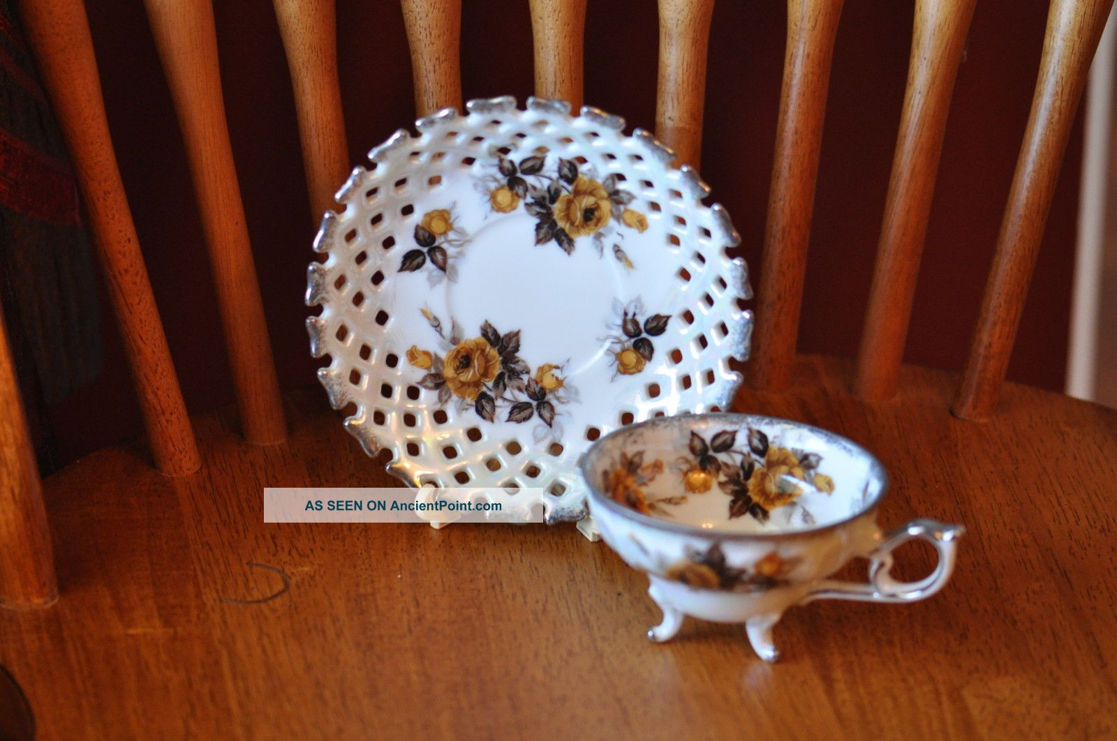 Japan 3 Footed Yellow Roses Iridescent Teacup & Saucer Pierced Lattice Waffle Cups & Saucers photo