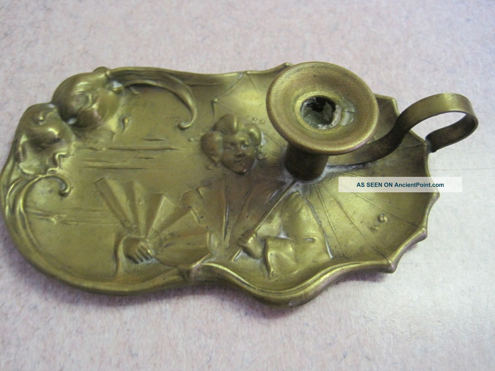 Antique Oriental Women With Fans Candle Holder Brass Finger Holder Small Taper Metalware photo