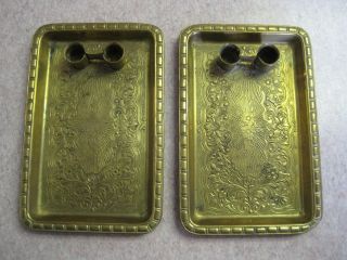 2 Antique Candle Holder Brass Finger Holder Double Small Taper Pair Engraved photo