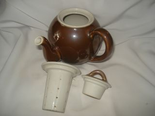 Teapot Infuser Side Pouring France W/ Sieve Colander Insert Brown Glazed Ceramic photo
