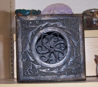 Decorative Wood Box With Carvings And Fancy Star Metal Motif Center photo