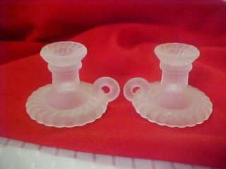 Pair Antique Swirl White Frosted Pressed Glass Mini Chamber Bedside Candlesticks photo