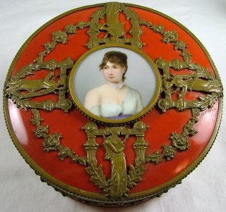 19th Century French Porcelain Dresser Box,  Metal Mounts,  Portrait Miniature photo