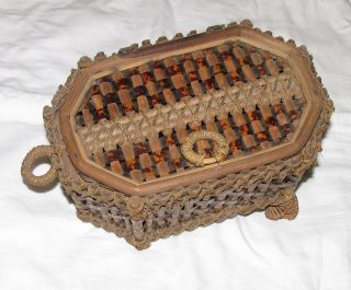 Antique Tortoise Shell Weave Basket Box Sewing photo