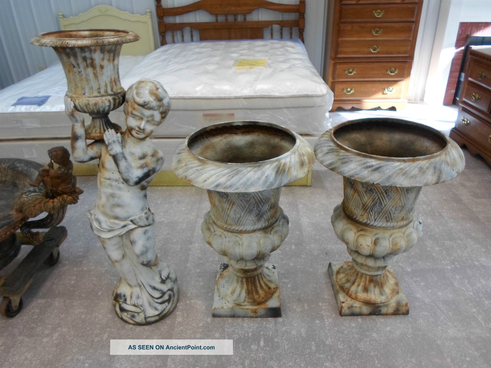 Antique Cast Iron Statues,  Vases,  Candleholders & Fountain 7 Pieces Metalware photo