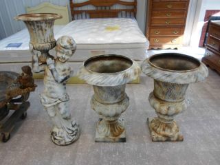 Antique Cast Iron Statues,  Vases,  Candleholders & Fountain 7 Pieces photo
