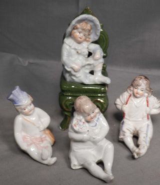 4 Germany Porcelain Antique Figurines Miniatures Pink Pig Boy Girl Shelf Sitters photo