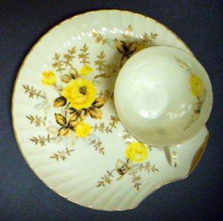 Japanese Porcelain Shell - Shaped Saucer + Cup With Yellow Roses & Gold Trim photo