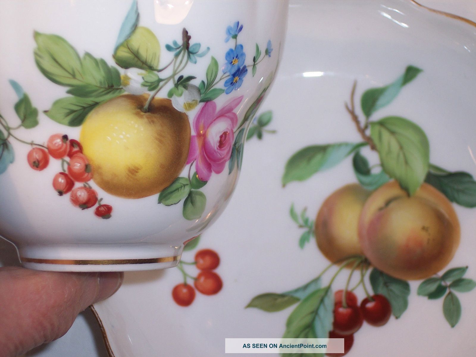 Antique Meissen Porcelain Duo Coffee Cup & Saucer Fruit Rose Cross Swords Cups & Saucers photo