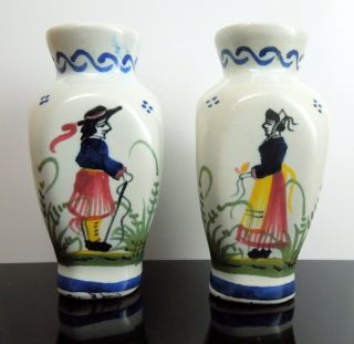 2 Small French Faience Henriot Quimper Vases W/ Peasant Man & Woman 012 - 196 photo