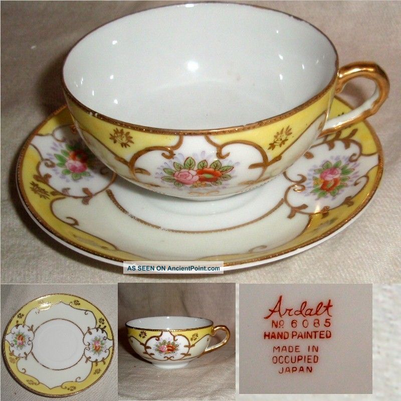 60yr Ardalt Occupied Japan Hand Paint Yellow & Floral Wgold Cup+saucer No Damage Cups & Saucers photo