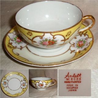 60yr Ardalt Occupied Japan Hand Paint Yellow & Floral Wgold Cup+saucer No Damage photo