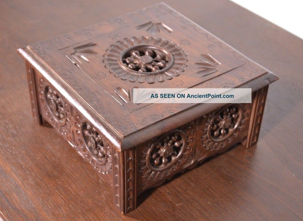 Highly Carved French Antique Dresser Jewelry Box (breton Wood Box) Boxes photo