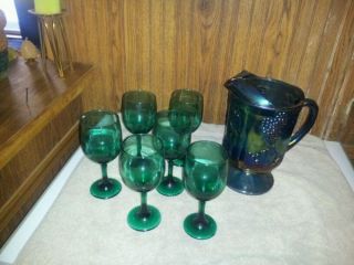 Carnival Glass Pitcher With Set Of 6 Green Glasses photo