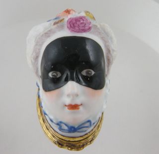 Rare Antiquefrench Porcelain Masked Belle Diamond Eyes Bonbonniere Box photo