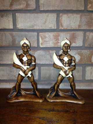 Vintage Pair Of Porcelain Arabian Palace Guards W Sword Figurines Hand Painted photo