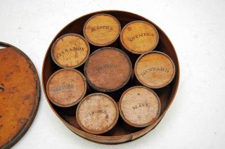 Antique 1858 Spice Box Round With 8 Stenciled Round Spice Boxes Patent Package photo