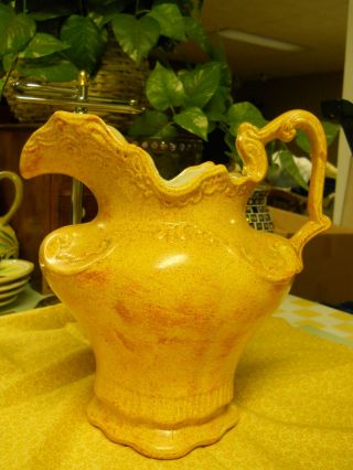 Vintage Ceramic Pitcher.  Shades Of Yellow & Rust,  Ornate Design photo
