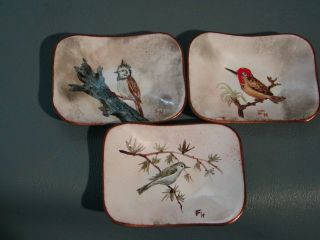 Set Lot 3 Hand Painted Signed Enamel On Copper Tray German Birds Antique Vintage photo