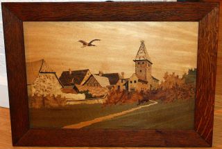 Antique Quarter Sawn Oak Framed Wood Marquetry Framed Wall Plaque C.  1920 Fine photo