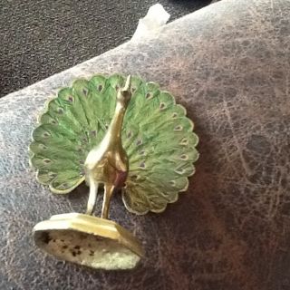 Art Deco Stunning Hand Painted High Quality Brass Peacock Sunning Blue Green photo
