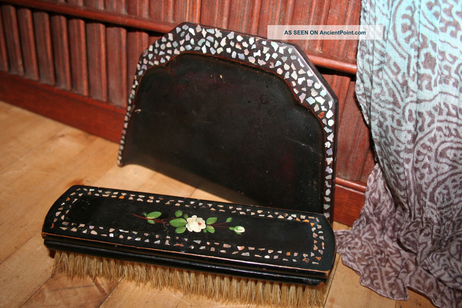Antique Victorian Paper Mache With Mother Of Pearl Crumber & Brush,  Hand Painted Other photo