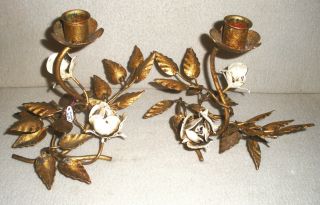 Vintage Pair Of Italian Gold Gilt Metal Leaf & Rose Bud Toleware Candle Holders photo