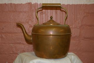 Antique 19th C Copper Kettle Gooseneck Brass Teapot Acorn Finial Rivet Dovetail photo
