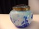 Vintage Clichy Blue Glass Rose Bowl With Brass Flower Frog Vases photo 2