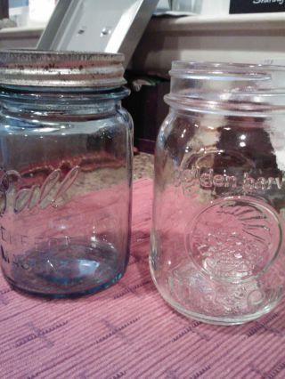 2 Mason Jars - 1 Blue Ball Jar W/lid; 1 Clear Golden Harvest W/pepsi Logo photo