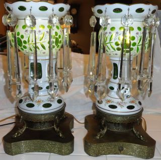 Pair Large Bohemian Vintage/antique Mantle Lusters Green/electrified (lustres) photo