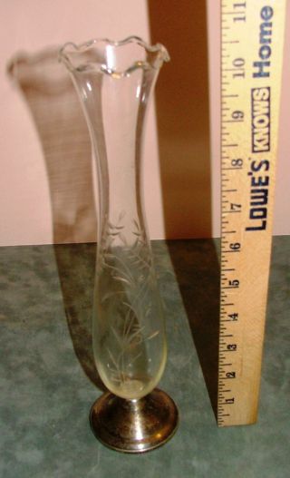 11 1/2 Inch Vintage Etched Glass Vase With Silver Base photo