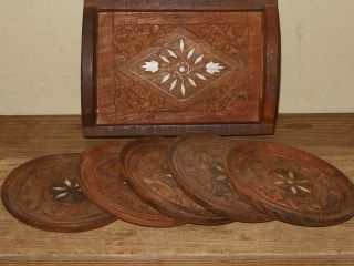 Vintage Asian Hand Carved With Inlaid Small Serving Tray & Five Inlaid Coasters photo