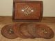 Vintage Asian Hand Carved With Inlaid Small Serving Tray & Five Inlaid Coasters Trays photo 1