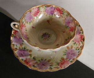 Pretty Porcelain Tea Or Demitasse Cup And Saucer Set Pink Purple Floral Goldtone photo