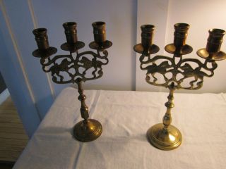 Antique Pair Of Brass Candlesticks,  Holds 3 Candles.  Ornate. photo