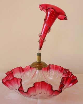 Victorian Cranberry Red Art Glass Epergne Vase - Antique Centerpiece photo