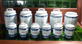 German White Blue Cornflower Floral Canisters 