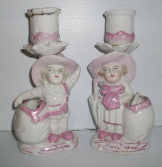Pair Victorian Porcelain Candlesticks Children Dressed As Grandmama & Grandpapa photo