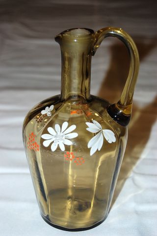 Amber Art Glass Paneled Cruet With Enamel Flowers photo