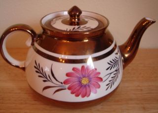 Antique English Luster Ware Teapot With Pink Flowers Hand Painted photo