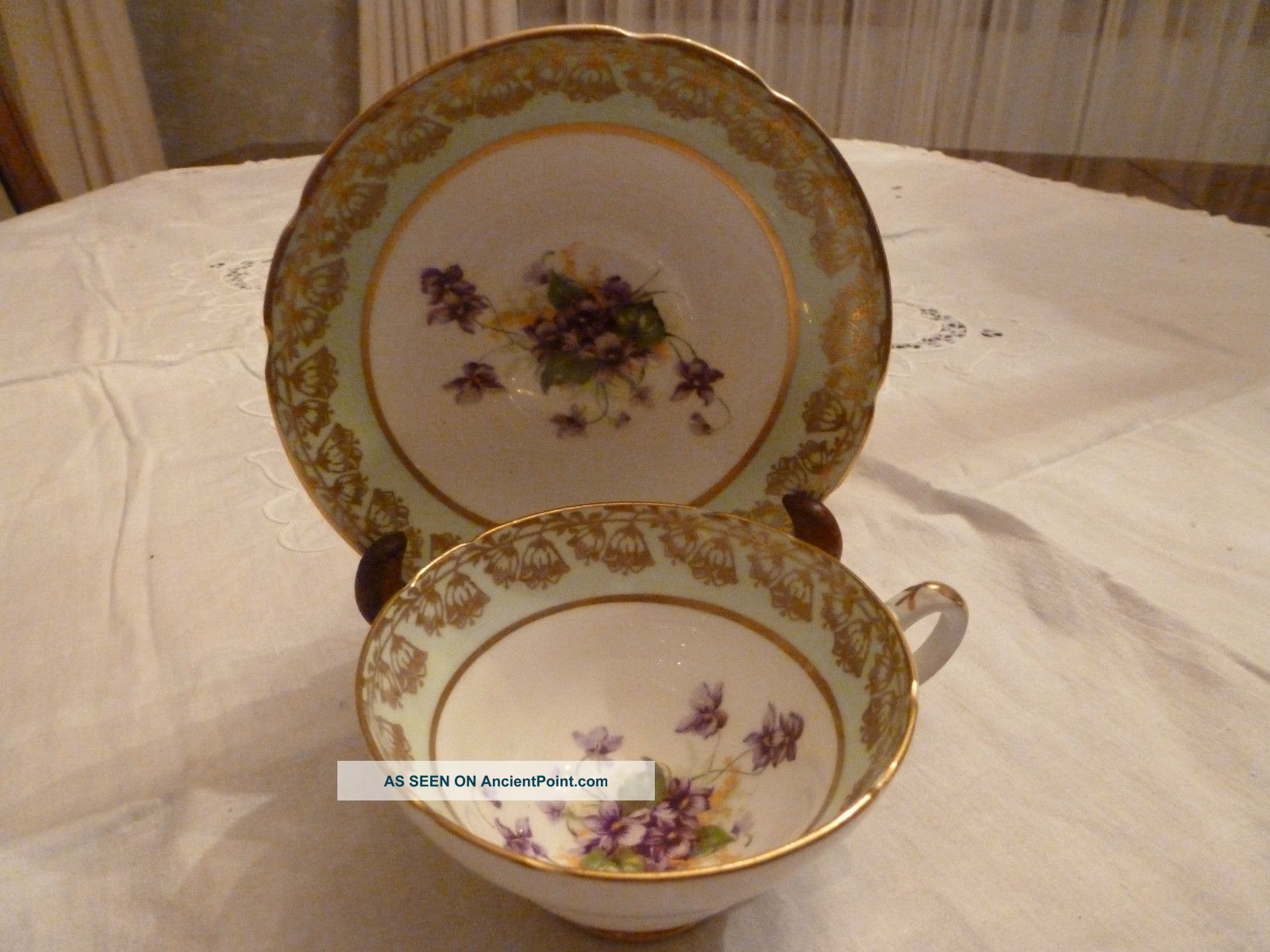 Stanley Bone China Teacup Violets,  Green And Gold Trim Cups & Saucers photo