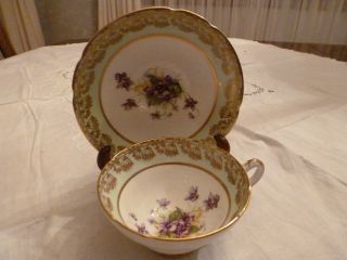 Stanley Bone China Teacup Violets,  Green And Gold Trim photo