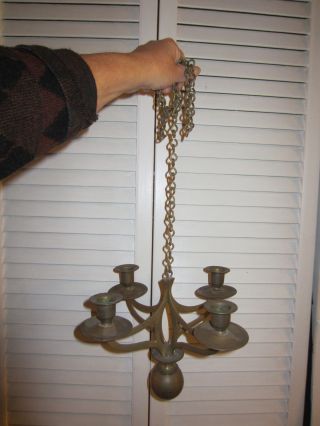 Antique Rustic Solid Brass 4 Arm Hanging Candelabra Center Ball Chain Cabin photo