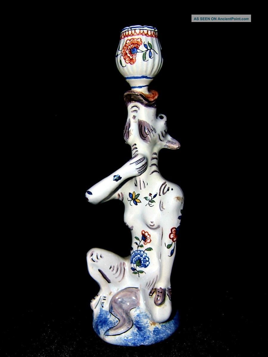 Antique 19th C.  French Majolica Grotesque Goat Figural Candlestick Holder Rouen Candlesticks photo