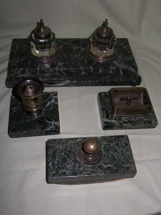 4 Piece Victorian Marble Brass Desk Set Blotter Ink Well Match Holder Ashtray photo