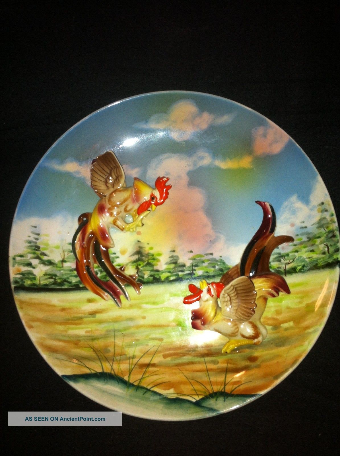 Antique Porcelain Plate Very Attractive Unique Rooster Fight 3 Dimenstional Plates & Chargers photo