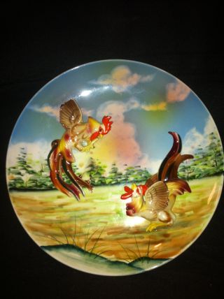 Antique Porcelain Plate Very Attractive Unique Rooster Fight 3 Dimenstional photo