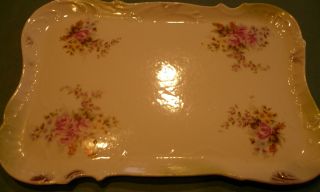 Antique Hand Painted Porcelain Dresser Tray With Rose Bouquets And Gold Trim photo